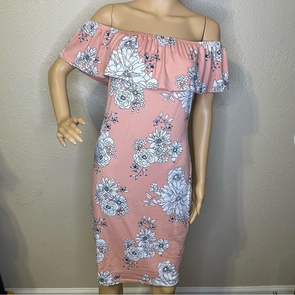 Iris Off Shoulder Ruffle Form Fitting Floral Dress Peach White Large